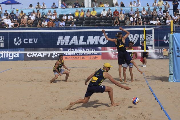 MALMÖ, SVERIGE 20260710 Sveriges Alfred Mjörnheim och Jacob Hölting Nilsson mot Österrikes Philipp Sponer och Maximilian Trummer under volleybollturneringen Beach Pro Tour Futures pa Ribersborgsstranden i Malmö. MALMÖ SVERIGE x10600x *** MALMÖ, SWEDEN 20260710 Sweden’s Alfred Mjörnheim and Jacob Hölting Nilsson face Austria’s Philipp Sponer and Maximilian Trummer during the Beach Pro Tour Futures volleyball tournament at Ribersborg Beach in Malmö MALMÖ SWEDEN x10600x  Copyright: xAndreasxHillergren TTx BEACHVOLLEYBOLLTURNERING INLEDS I MALMÖ