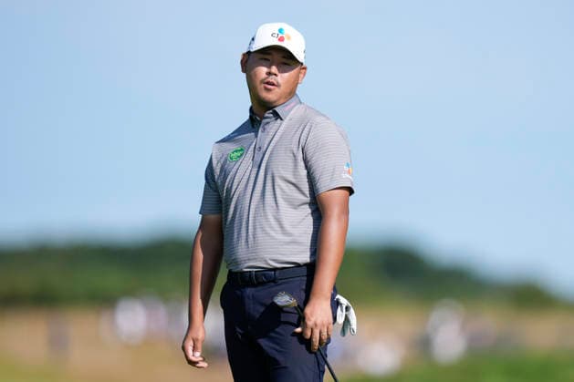 NORTH BERWICK, SCOTLAND - JULY 10: Si Woo Kim reacts after missing a putt on the twelfth green during Round 2 of the Genesis Scottish Open at the Renaissance Club, North Berwick on July 10, 2026 in North Berwick, Scotland Genesis Scottish Open Round 2