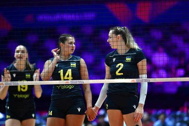 RECORD DATE NOT STATED HONG KONG-SPORTS Volleyball Nations League Hong Kong Diana Meliushkyna (No.2), Daria Sharhorodska (No.14) and Anna Artyshuk (No.19) from team Ukraine during the match between Dominican Republic and Ukraine at Volleyball Nations League Hong Kong 2026 in Hong Kong, July 10, 2026.NEXPHER Kobe Li Hong Kong