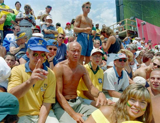 940717 Football, FIFA World Cup, WM, Weltmeisterschaft, Fussball 1994 (USA), Final, Brazil - Italy 0-0, 3-2 (after penalties): Swedens manager Tommy Svensson (C, barebreasted), assistant manager Tord Grip (L) and player Roland Nilsson (standing) at Rose Bowl watching the final the day after Sweden won the bronze medal match against Bulgaria on the same venue. Photo: BILDBYRAN M013_19 940717braita final brasilien italien brazil italy brazil v italym013_19 scanx dia bbeng fotboll football soccer VM VM94 VM1994 VM 1994 fotbolls-vm fifa world cup 940717 world championships världsmästerskap rose bowl los angeles pasadena july 17 1994 *** 940717 Soccer, 1994 FIFA World Cup USA, Final, Brazil vs. Italy 0–0, 3–2 after penalty kicks; Sweden’s manager Tommy Svensson (C), bare-chested, assistant manager Tord Grip (L) and player Roland Nilsson standing at the Rose Bowl watching the final the day after Sweden won the bronze medal match against Bulgaria at the same venue. Photo: BILDBYRAN M013 19 940717braita final brasilien italien brazil italy brazil v italym013 19 scanx dia bbeng soccer football World Cup 1994 FIFA World Cup 1994 July 17, 1994 Rose Bowl, Los Angeles, Pasadena  Copyright: BILDBYRAN BB940717BB101