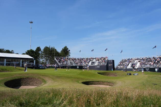 RECORD DATE NOT STATED 10th July 2026; The Renaissance Club, North Berwick, East Lothian, Scotland: Genesis Scottish Open Golf, Day Two; Scottie Scheffler, Tommy Fleetwood and Matt Fitzpatrick on the 15th green of the thistle hole during the second round of the Genesis Scottish Open AlecxBrown
