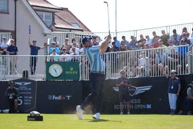 RECORD DATE NOT STATED 10th July 2026; The Renaissance Club, North Berwick, East Lothian, Scotland: Genesis Scottish Open Golf, Day Two; Alex Fitzpatrick plays his tee shot on the 15th hole during the second round AlecxBrown