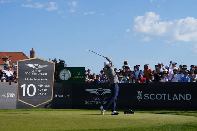 RECORD DATE NOT STATED 10th July 2026; The Renaissance Club, North Berwick, East Lothian, Scotland: Genesis Scottish Open Golf, Day Two; Scottie Scheffler plays his opening tee shot on the 10th hole during the second round AlecxBrown