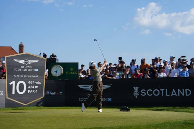 RECORD DATE NOT STATED 10th July 2026; The Renaissance Club, North Berwick, East Lothian, Scotland: Genesis Scottish Open Golf, Day Two; Tommy Fleetwood plays his opening tee shot on the 10th hole during the second round AlecxBrown
