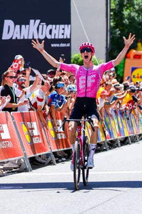 CYCLING - Tour of Austria 2026 SANKT JOHANN,AUSTRIA,10.JUL.26 - CYCLING - Tour of Austria, stage 3, Lienz - Sankt Johann im Pongau. Image shows the rejoicing of Neilson Powless (USA EF Education EasyPost).  GEPAxpictures xDavidxGeieregger