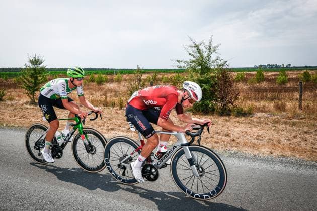 Czech Jakub Otruba of Caja Rural-Seguros RGA and French Baptiste Veistroffer of Lotto Intermarche pictured in action during stage 7 of the 2026 Tour de France cycling race, 175km from Hagetmau to Bordeaux, on Friday 10 July 2026. The 113th edition of the Tour de France starts on Saturday 4 July in Barcelona, Spain, and will finish in Paris, France on the 26th of July. POOLxLUCAxBETTINI  x180881270x