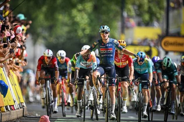 Belgian Tim Merlier of Soudal Quick-Step celebrates after winning the stage 7 of the 2026 Tour de France cycling race, a stage of 175km from Hagetmau to Bordeaux, on Friday 10 July 2026. The 113th edition of the Tour de France starts on Saturday 4 July in Barcelona, Spain, and will finish in Paris, France on the 26th of July. DAVIDxPINTENS  x180887996x