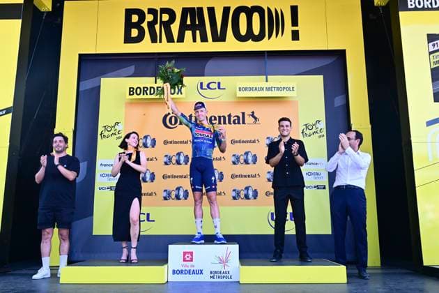 Tour de France 2026 Stage 7 BORDEAUX, FRANCE - JULY 10 : Merlier Tim (BEL) of Soudal Quick-Step pictured during the podium ceremony of stage 7 of the 113rd edition of Tour de France an UCI World Tour 2.UWT cycling road race stage for Men Elite of 175 km with start in Hagetmau and finish in Bordeaux on July 10, 2026 in Bordeaux, France, 10 07 2026 Bordeaux France  Copyright: xPeterxDexVoechtx