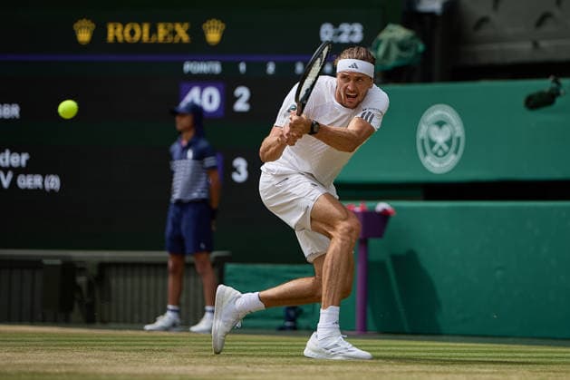 July 10, 2026, London, London, Great Britain: Alexander Zverev of Germany returns with backhand during The Championships Wimbledon , 10.7.2026 in London (All England Lawn Tennis and Croquet Club), Great Britain Tennis 2026: Grand Slam: The Championships Wimbledon: 12th Day: Semifinal: ZVEREV 7:6 6:2 6:4 FERY  - ZUMAs343 20260710_zsp_s343_062 Copyright: xMathiasxSchulzx