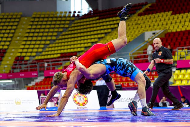 Sport Bilder des Tages 2025 U23 Wrestling World Championships 79kg FS - Iakobi Kobulashvili (GEO) df. Felix Schmitt (GER) *** 2025 U23 Wrestling World Championships, 79 kg Freestyle: Iakobi Kobulashvili (GEO) def. Felix Schmitt (GER)