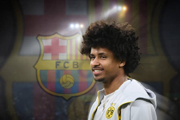 ACHTUNG FOTOMONTAGE: Karim ADEYEMI (Borussia Dortmund) vor Wechsel zum FC Barcelona, Barca Einzelbild,angeschnittenes Einzelmotiv,Portraet,Portrait,Porträt Fussball 1. Bundesliga, *** ATTENTION: PHOTO MONTAGE Karim ADEYEMI of Borussia Dortmund before his transfer to FC Barcelona; single image, cropped image, portrait, soccer, Bundesliga 1,