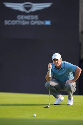 NORTH BERWICK, SCOTLAND - JULY 10: Rory McIlroy lines up a putt on the eighteenth green during Round 2 of the Genesis Scottish Open at the Renaissance Club, North Berwick on July 10, 2026 in North Berwick, Scotland Genesis Scottish Open Round 2