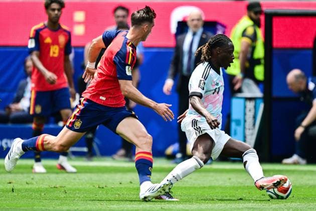 Belgium s Jeremy Doku pictured in action during a soccer game between Spain and Belgian national team, Nationalteam Red Devils, on Friday 10 July 2026 in Los Angeles, USA, in the 1 4 finals of the FIFA World Cup, WM, Weltmeisterschaft, Fussball 2026. DIRKxWAEM  x180900632x
