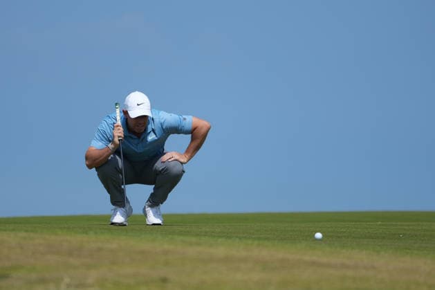 RECORD DATE NOT STATED 10th July 2026; The Renaissance Club, North Berwick, East Lothian, Scotland: Genesis Scottish Open Golf, Day Two; Rory McIlroy lines up his putt on the green on the 3rd hole during the second round of the Genesis Scottish Open AlecxBrown