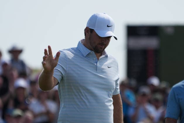 RECORD DATE NOT STATED 10th July 2026; The Renaissance Club, North Berwick, East Lothian, Scotland: Genesis Scottish Open Golf, Day Two; Chris Gotterup acknowledges the fans after he sinks a birdie putt on the 5th hole during the second round of the Genesis Scottish Open AlecxBrown