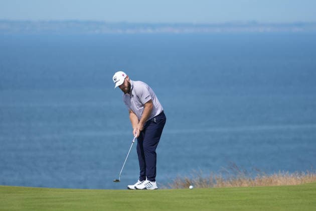 RECORD DATE NOT STATED 10th July 2026; The Renaissance Club, North Berwick, East Lothian, Scotland: Genesis Scottish Open Golf, Day Two; Tyrrell Hatton putts for birdie on the 5th hole at The Renaissance Club during the second round of the Genesis Scottish Open and misses AlecxBrown