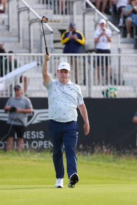 RECORD DATE NOT STATED 10th July 2026; The Renaissance Club, North Berwick, East Lothian, Scotland: Genesis Scottish Open Golf, Day Two; Robert MacIntyre celebrates his birdie putt on the 15th hole at The Renaissance Club during the second round of the Genesis Scottish Open AlecxBrown
