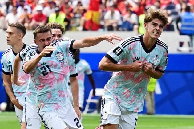 Belgium s Charles De Ketelaere celebrates after scoring during a soccer game between Spain and Belgian national team, Nationalteam Red Devils, on Friday 10 July 2026 in Los Angeles, USA, in the 1 4 finals of the FIFA World Cup, WM, Weltmeisterschaft, Fussball 2026. DIRKxWAEM  x180902364x