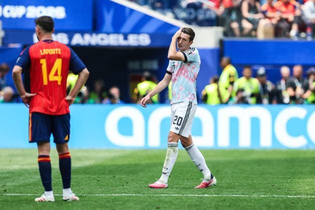 Belgium s Hans Vanaken pictured during a soccer game between Spain and Belgian national team, Nationalteam Red Devils, on Friday 10 July 2026 in Los Angeles, USA, in the 1 4 finals of the FIFA World Cup, WM, Weltmeisterschaft, Fussball 2026. BRUNOxFAHY  x180904373x