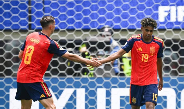 (260711) -- LOS ANGELES, July 11, 2026 -- Fabian Ruiz (L) and Lamine Yamal of Spain react during the quarter final match between Spain and Belgium at the 2026 FIFA World Cup, WM, Weltmeisterschaft, Fussball at Los Angeles Stadium in Los Angeles, the United States, July 10, 2026. ) (SP)U.S.-LOS ANGELES-FOOTBALL-FIFA WORLD CUP-QUARTER FINAL-ESP VS BEL WuxXiaoling 