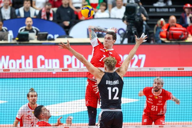 OLSZTYN 10.07.2026 TOWARZYSKI MECZ SIATKARZY: POLSKA - NIEMCY --- MENS VOLLEYBALL FRIENDLY MATCH IN OLSZTYN: POLAND - GERMANY BARTLOMIEJ LEMANSKI ANTON BREHME FOT. ANNA KLEPACZKO FOTOPYK NEWSPIX.PL --- newspix.pl POLAND OUT! 