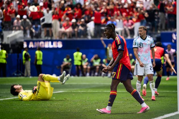 Spain v Belgium - FIFA World Cup, WM, Weltmeisterschaft, Fussball 2026 Nico Williams of Spain celebrates after a goal scored by Mikel Merino of Spain during the FIFA World Cup 2026 quarter final football match between Spain and Belgium. Inglewood United States Copyright: xNicolòxCampox