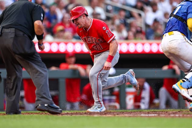 July 10th, 2026: Los Angeles Angels catcher Tyler Heineman (31) crosses home plate to score on a sac fly hit ny Los Angeles Angels third baseman Vaughn Grissom (5)(not pictured) during a MLB, Baseball Herren, USA Baseball game between the Los Angeles Angels and the Minnesota Twins at Target Field in Minneapolis, Minnesota. CSM Minneapolis USA - ZUMAc04_ 20260710_zma_c04_078 Copyright: xStevenxGarciax