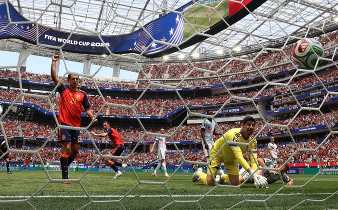 260711 -- LOS ANGELES, July 11, 2026 -- Thibaut Courtois front C, goalkeeper of Belgium fails to make a save during the quarter final match between Spain and Belgium at the 2026 FIFA World Cup, WM, Weltmeisterschaft, Fussball at Los Angeles Stadium in Los Angeles, the United States, July 10, 2026. SPU.S.-LOS ANGELES-FOOTBALL-FIFA WORLD CUP-QUARTER FINAL-ESP VS BEL BaixXuefei  (SP)U.S.-LOS ANGELES-FOOTBALL-FIFA WORLD CUP-QUARTER FINAL-ESP VS BEL IMAGO BaixXuefei  imago images 0861301060
