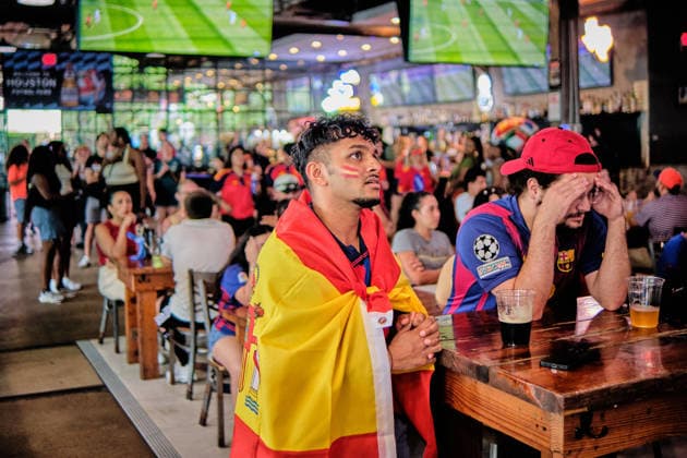 July 10, 2026, Houston, Texas, USA: ASHWIN AJUKUMAR (27) Spain supporter watches tensely at a watch party at Pitch 25 in Houston during Spain s FIFA World Cup, WM, Weltmeisterschaft, Fussball 2026 quarterfinal against Belgium, played at Los Angeles Stadium in Inglewood, California. Houston s Spain Fans Erupt As Merino s Late Winner Sends La Roja To The Semifinals  - ZUMAe130 0861304993st Copyright: xCarlosxEscalonax