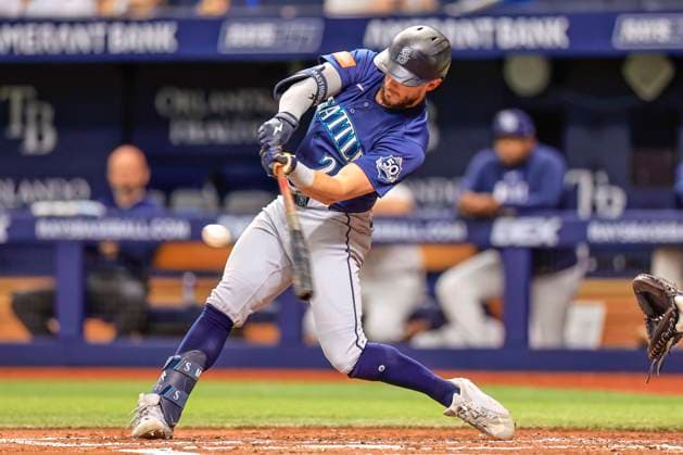 July 10, 2026, St. Petersburg, Florida, USA: Seattle Mariners right fielder Miles Mastrobuoni (21) flies out to Tampa Bay Rays left fielder Chandler Simpson (14) during an MLB, Baseball Herren, USA game on July 10, 2026 at Tropicana Field. The Rays beat the Mariners 7-2. St. Petersburg USA - ZUMAh180 20260710_zsp_h180_029 Copyright: xKimxHukarix