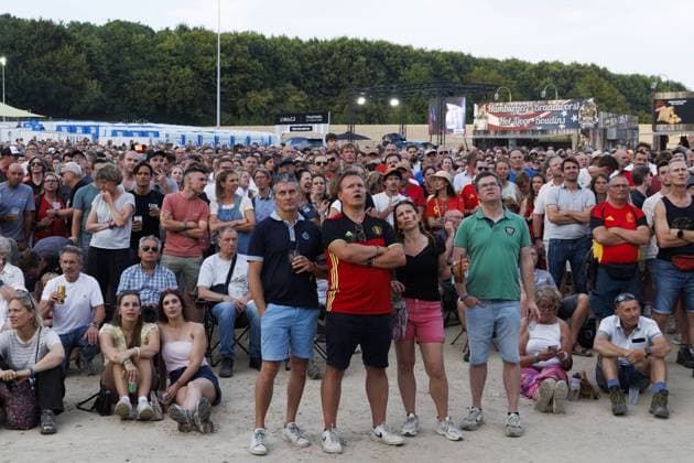 Illustration picture taken during the screening of a soccer game between Belgian national soccer team Red Devils and Spain, at the Rock Zottegem music festival on Friday 10 July 2026 in Zottegem. The quarter final of the FIFA World Cup, WM, Weltmeisterschaft, Fussball WM, Weltmeisterschaft, Fussball 2026 is shown on a large screen. NICOLASxMAETERLINCK  x180910664x IMAGO NICOLASxMAETERLINCK  x1079537699stx