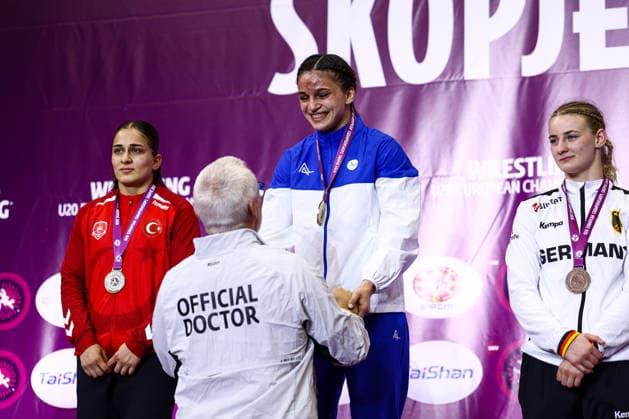 Ringen, U20 EM in Skopje U20 European Championships Podium 62kg WW - Gold: Ruzanna Mammadova (AZE), Doctor *** U20 European Championships Podium: 62 kg Open Weight Gold – Ruzanna Mammadova (AZE), Doctor Copyright: xJakexKirkmanx xUnitedxWorldxWresx Jake Kirkman United World Wres