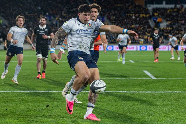 July 11, 2026, Wellington, Wellington City, New Zealand: Nations Championship 2026 - New Zealand vs. Italy: New Zealand v Italy: July 11th, 2026, Wellington, Wellington City, New Zealand: Italy player Tommaso Menoncello passionately celebrates after scoring a try during the Nations Championship 2026 fixture between the New Zealand and Italy at the Hnry Stadium in Wellington. Wellington New Zealand - ZUMAf189 20260711_zsp_f189_021 Copyright: xJamesxFoyx