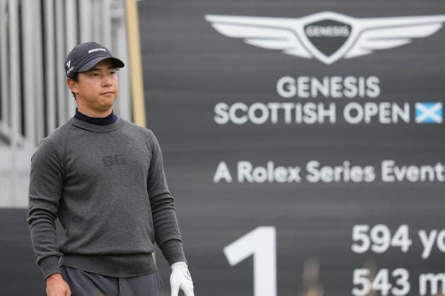 NORTH BERWICK, SCOTLAND - JULY 11: Yuto Katsuragawa of Japan waits on the first tee during Round 3 of the Genesis Scottish Open at the Renaissance Club, North Berwick on July 11, 2026 in North Berwick, Scotland Genesis Scottish Open Round 3