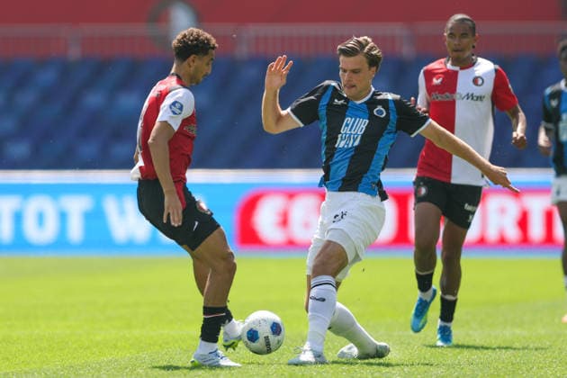 2026-07-11 Feyenoord v Club Brugge - Pre Season Friendly ROTTERDAM, NETHERLANDS - JULY 11: Bjorn Meijer of Club Brugge is challenged by Oussama Targhalline of Feyenoord during the Pre Season Friendly match between Feyenoord and Club Brugge at Stadion Feijenoord on July 11, 2026 in Rotterdam, Netherlands. Rotterdam Stadion Feijenoord Netherlands Content not available for redistribution in The Netherlands directly or indirectly through any third parties. Copyright: xHansxvanxderxValkx