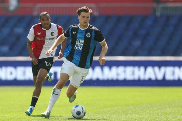 2026-07-11 Feyenoord v Club Brugge - Pre Season Friendly ROTTERDAM, NETHERLANDS - JULY 11: Bjorn Meijer of Club Brugge is challenged by Calvin Stengs of Feyenoord during the Pre Season Friendly match between Feyenoord and Club Brugge at Stadion Feijenoord on July 11, 2026 in Rotterdam, Netherlands. Rotterdam Stadion Feijenoord Netherlands Content not available for redistribution in The Netherlands directly or indirectly through any third parties. Copyright: xHansxvanxderxValkx
