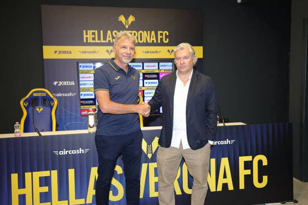 SOCCER - Other - Introduction of Marco Baroni, the new coach of Hellas Verona FC Photo by IPA ABACAPRESS.COM86593689 - Marco Baroni, the new head coach of Hellas Verona, and Sean Sogliano, Director of Football for Hellas Verona FC, during a press conference, PK, Pressekonferenz to introduce the new head coach of Hellas Verona at the Hellas Verona headquarters on July 11, 2026, in Verona, VR. Verona Italy  Copyright: xIPAxSport ABACAx