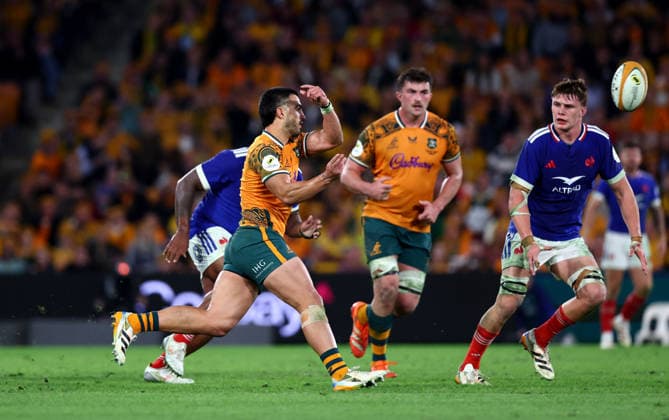 RUGBY AUSTRALIA FRANCE, Tom Wright of the Wallabies in action during the 2026 Nations Championship Rugby Test between Australia and France at Suncorp Stadium in Brisbane, Saturday, July 11, 2026. ( NO ARCHIVING, EDITORIAL USE ONLY BRISBANE QUEENSLAND Australia  Copyright: xx 20260711128048463557
