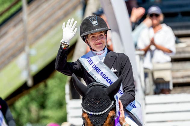 260711 Cathrine Laudrup-Dufour of Denmark with horse Mount St John Freestyle celebrates after FEI Dressage Nations Cup Grand Prix during the Falsterbo Horse Show on July 11, 2026 in Falsterbo. Photo: Christian Örnberg BILDBYRAN COP 166 CO0710 ridsport equestrian falsterbo horse show ridsportlaget bbeng FEI Dressage Nations Cup Grand Prix jubel *** July 11, 2026: Cathrine Laudrup Dufour of Denmark, riding Mount St. John, celebrates after the FEI Dressage Nations Cup Grand Prix during the Falsterbo Horse Show on July 11, 2026 in Falsterbo. Photo by Christian Örnberg, BILDBYRAN COP 166 CO0710 equestrian sports Falsterbo Horse Show Ridsportlaget BBENG FEI Dressage Nations Cup Grand Prix celebration  Copyright: CHRISTIANxÖRNBERG BB260711CO119