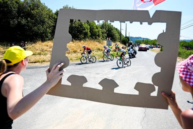 Tour de France 2026 Stage 8 BERGERAC, FRANCE - JULY 11 : Slock Liam (BEL) of Lotto - Intermarche, Guernalec Thibault (FRA) of TotalEnergies, =Otruba Jakub (CZE) of Caja Rural - Seguros RGA in the escape pack during stage 8 of the 113rd edition of Tour de France an UCI World Tour 2.UWT cycling road race stage for Men Elite of 182 km with start in Perigueux and finish in Bergerac on July 11, 2026 in Bergerac, France, 11 07 2026 ( Motordriver Kurt Vandenborre - Bergerac France  Copyright: xTomasxSiskx
