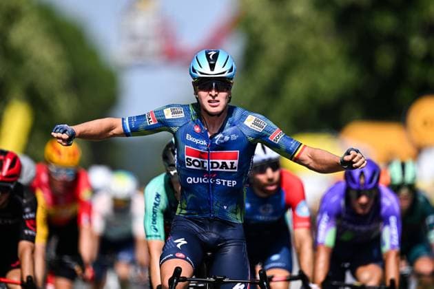 Belgian Tim Merlier of Soudal Quick-Step wins the stage 8 of the 2026 Tour de France cycling race, a stage of 182km from Perigueux to Bergerac, on Saturday 11 July 2026. The 113th edition of the Tour de France starts on Saturday 4 July in Barcelona, Spain, and will finish in Paris, France on the 26th of July. JASPERxJACOBS  x180942192x