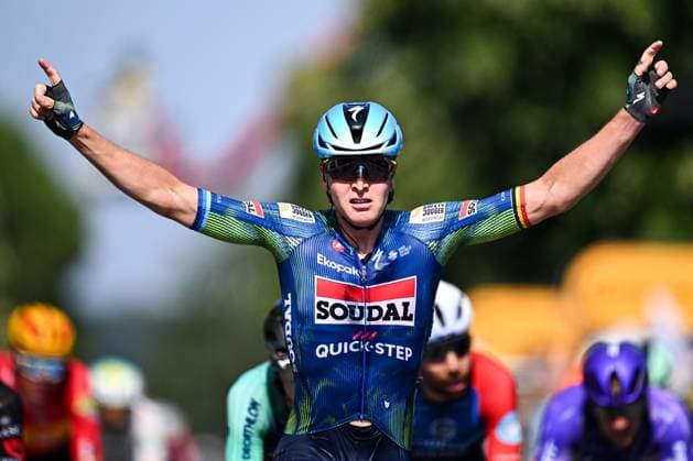 Belgian Tim Merlier of Soudal Quick-Step wins the stage 8 of the 2026 Tour de France cycling race, a stage of 182km from Perigueux to Bergerac, on Saturday 11 July 2026. The 113th edition of the Tour de France starts on Saturday 4 July in Barcelona, Spain, and will finish in Paris, France on the 26th of July. JASPERxJACOBS  x180942296x