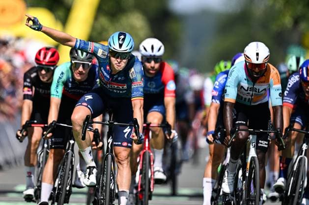 Belgian Tim Merlier of Soudal Quick-Step wins the stage 8 of the 2026 Tour de France cycling race, a stage of 182km from Perigueux to Bergerac, on Saturday 11 July 2026. The 113th edition of the Tour de France starts on Saturday 4 July in Barcelona, Spain, and will finish in Paris, France on the 26th of July. JASPERxJACOBS  x180942495x
