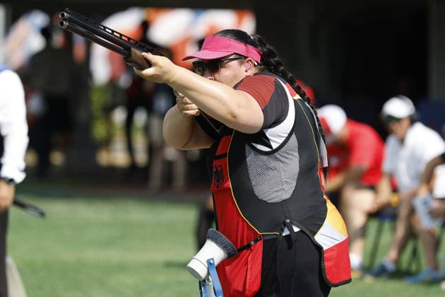 IPA86600538 - Kathrin Murche of Germany competes on day five of the ISSF World Cup Shotgun event at the Concaverde Shooting Range on July 11, 2026, in Lonato del Garda, Italy.  Copyright: xRichardxMorgano IPAxSportx xx 86600538