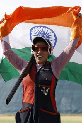 IPA86600735 - Neeru Neeru of India celebrates winning a gold medal on day five of the ISSF World Cup Shotgun competition at the Concaverde Shooting Range on July 11, 2026, in Lonato del Garda, Italy.  Copyright: xRichardxMorgano IPAxSportx xx 86600735