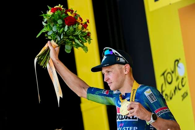 Tour de France 2026 Stage 8 BERGERAC, FRANCE - JULY 11 : Merlier Tim (BEL) of Soudal Quick Step on the podium during stage 8 of the 113rd edition of Tour de France an UCI World Tour 2.UWT cycling road race stage for Men Elite of 182 km with start in Perigueux and finish in Bergerac on July 11, 2026 in Bergerac, France, 11 07 2026 Bergerac France  Copyright: xTomasxSiskx