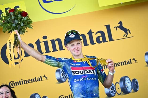 Belgian Tim Merlier of Soudal Quick-Step celebrates on the podium after winning the stage 8 of the 2026 Tour de France cycling race, a stage of 182km from Perigueux to Bergerac, on Saturday 11 July 2026. The 113th edition of the Tour de France starts on Saturday 4 July in Barcelona, Spain, and will finish in Paris, France on the 26th of July. JASPERxJACOBS  x180946201x
