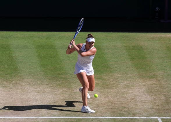 RECORD DATE NOT STATED 11th July 2026; All England Lawn Tennis and Croquet Club, London, England; Wimbledon Tennis Tournament, Day Thirteen; Linda Noskova (CZE) with a backhand shot to Karolina Muchova (CZE) JohnxPatrickxFletcher