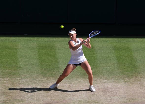 RECORD DATE NOT STATED 11th July 2026; All England Lawn Tennis and Croquet Club, London, England; Wimbledon Tennis Tournament, Day Thirteen; Linda Noskova (CZE) with a forehand shot to Karolina Muchova (CZE) JohnxPatrickxFletcher