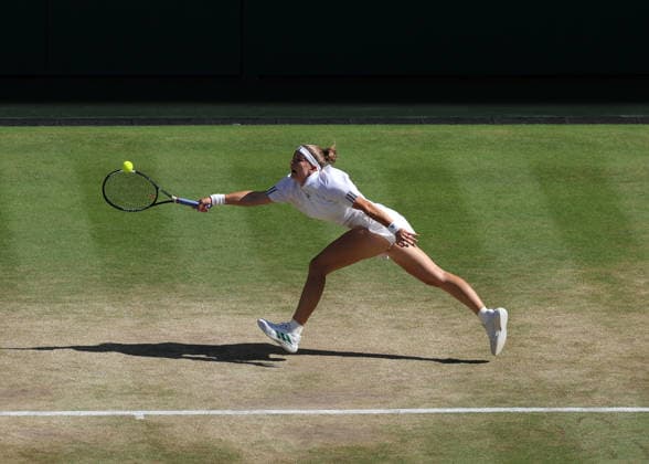 RECORD DATE NOT STATED 11th July 2026; All England Lawn Tennis and Croquet Club, London, England; Wimbledon Tennis Tournament, Day Thirteen; Karolina Muchova (CZE) with a forehand shot to Linda Noskova (CZE) JohnxPatrickxFletcher